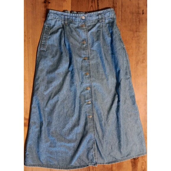 Westbound Dresses & Skirts - Vtg Westbound Maxi Denim Skirt Womens 14 Blue Metal Button Front Pockets Cotton